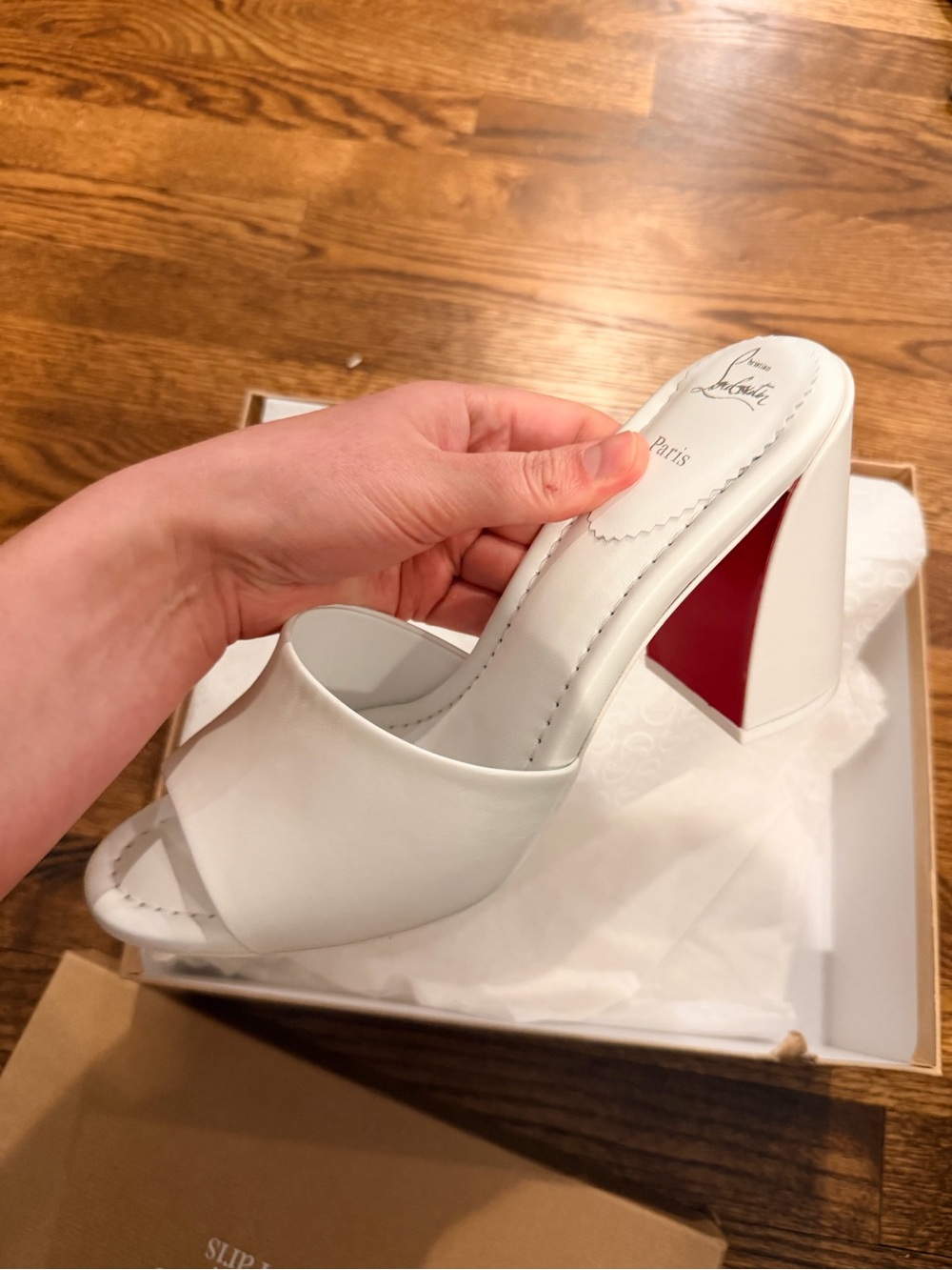Christian Louboutin White Leather Block Heel Mule with Red Sole